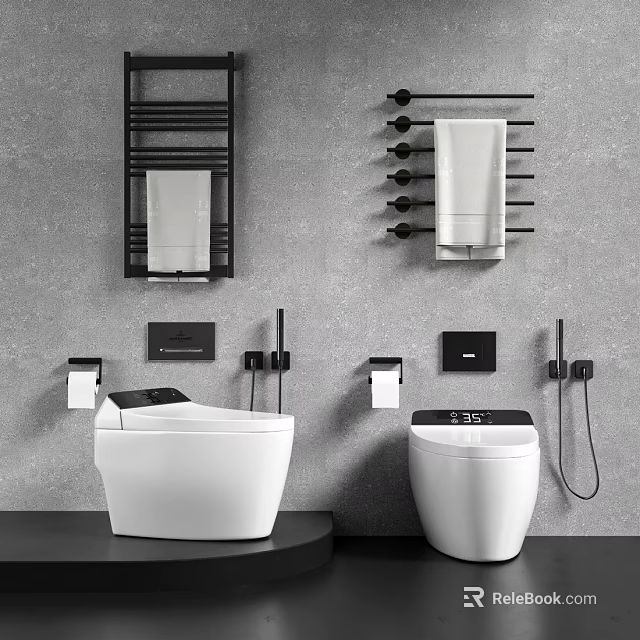 Modern Bathroom Toilets With Wall Mounted Towel Racks Toilet Paper Holders And Control Panels 3d model 