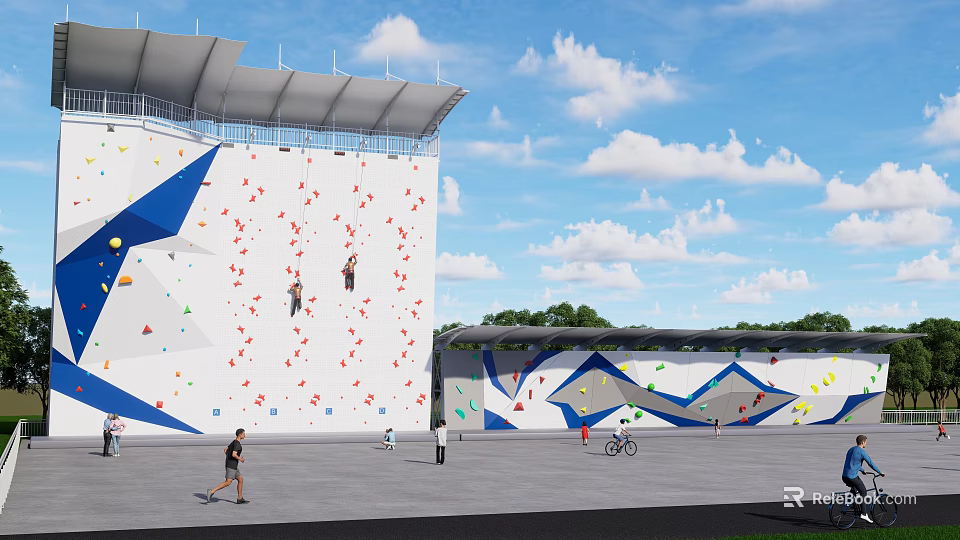 Large Colorful Outdoor Climbing Wall With People Climbing And Recreational Activities 3d model 