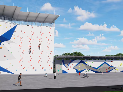 Large Colorful Outdoor Climbing Wall With People Climbing And Recreational Activities 3d model
