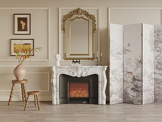French European style fireplace screen hanging painting plaster line background wall decorations 3d model