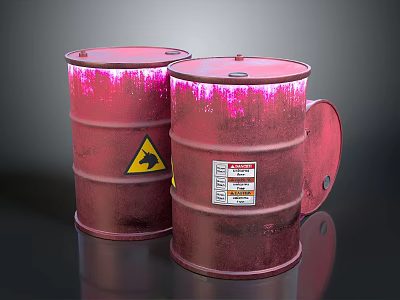 Red Shiny Industrial Barrels With Hazard Symbols And Warning Labels 3d model