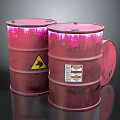 Red Shiny Industrial Barrels With Hazard Symbols And Warning Labels