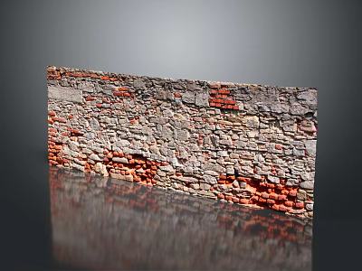 Weathered Stone Wall With Red Bricks And Gray Stones Reflective Surface Design 3d model