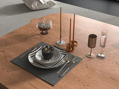 Elegant Tableware Set with Plates Utensils and Placemat on Wooden Dining Table with Candle Holders 3d model
