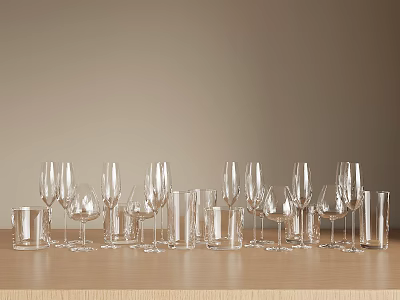Different Types of Glassware Including Wine Glasses and Tumblers Arranged on Wooden Table 3d model