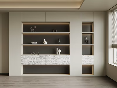 Modern Bookcase With Marble Top And Decorative Sculptures In Bright Room 3d model