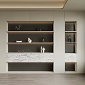 Modern Bookcase With Marble Top And Decorative Sculptures In Bright Room