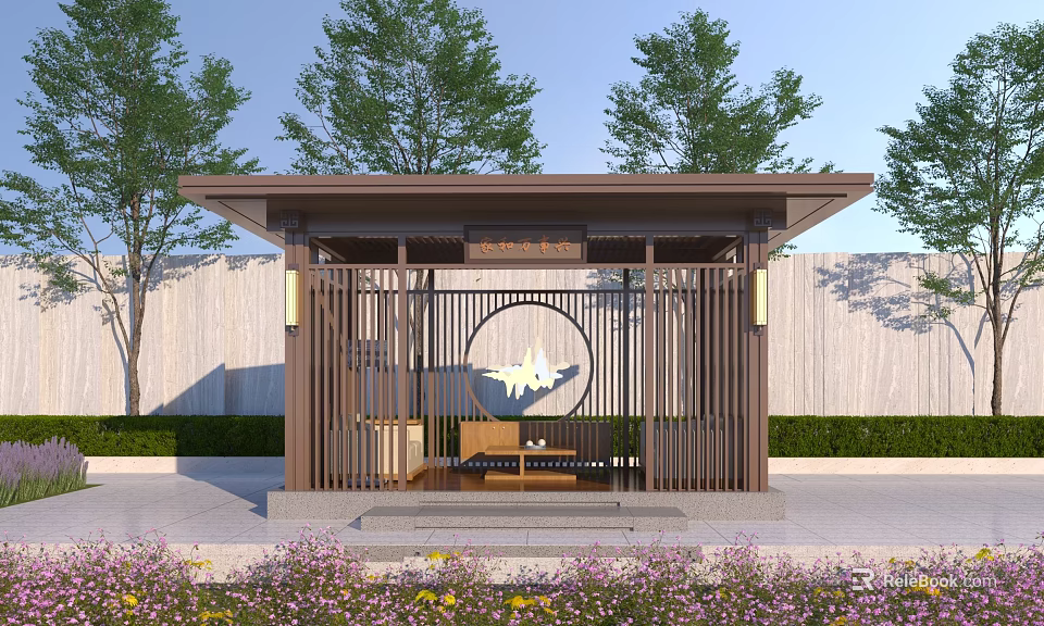 Traditional Landscape Pavilion With Wooden Structure Circular Decor And Stone Wall Surrounded By Trees 3d model 