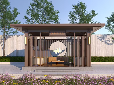Traditional Landscape Pavilion With Wooden Structure Circular Decor And Stone Wall Surrounded By Trees 3d model