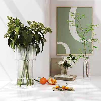 Minimalist Home Decorative Ornament Set With Glass Vases Books Green Foliage White Flowers And Oranges 3d model