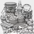 Fresh Chocolate Chip Muffins with Nuts and Cookies by Milk Bottle and Chocolate Chunks