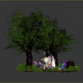 Commercial Decorative Equipment With Green Trees Blue Pond Illuminated Objects And Colorful Flowers