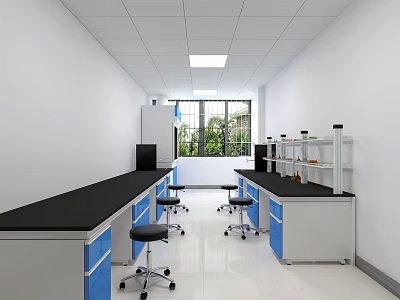 Modern Laboratory Interior With Black Countertop Benches Blue Drawers White Cabinets And Stools 3d model