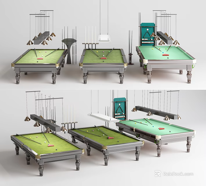 Multiple Modern Billiard Tables With Pendant Lights And Cue Racks For Indoor Game Rooms 3d model 