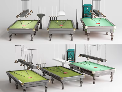 Multiple Modern Billiard Tables With Pendant Lights And Cue Racks For Indoor Game Rooms 3d model