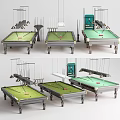 Multiple Modern Billiard Tables With Pendant Lights And Cue Racks For Indoor Game Rooms