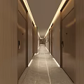 Modern Elevator Hallway With Wooden Walls Circular Ceiling Light And Decorative Paintings