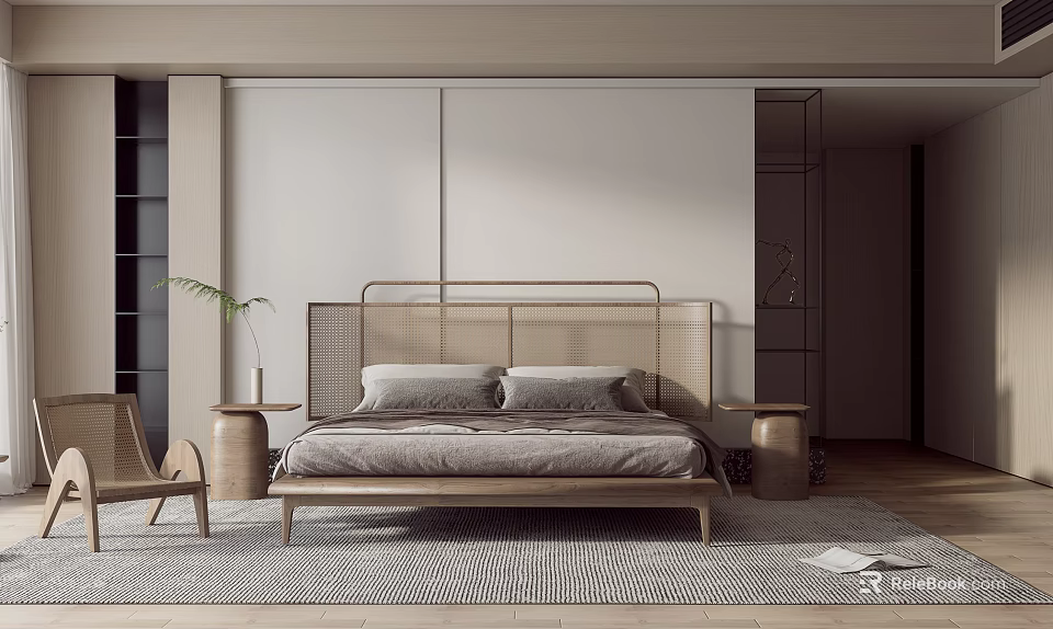 Natural Modern Bedroom Interior With Wicker Headboard Wooden Bed Round Nightstands And Potted Plant 3d model 