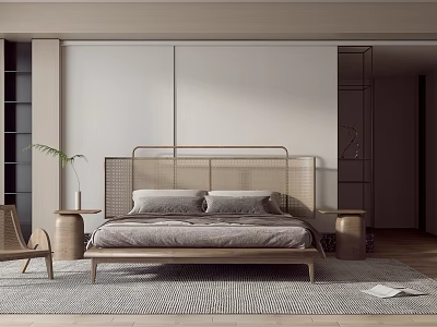Natural Modern Bedroom Interior With Wicker Headboard Wooden Bed Round Nightstands And Potted Plant 3d model