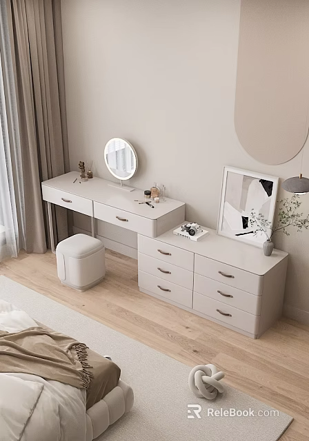 Modern Light Colored Dressing Table With Circular Mirror Drawers Padded Stool And Cosmetic Decor 3d model