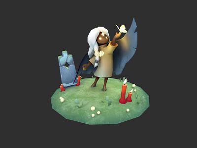 White Haired Figure Holding Butterfly Near Tombstone With Candles And Mushrooms On Green Grass 3d model
