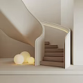 Modern Curved Staircase Design With Light Colored Railings Steps And Glowing Spherical Lamps