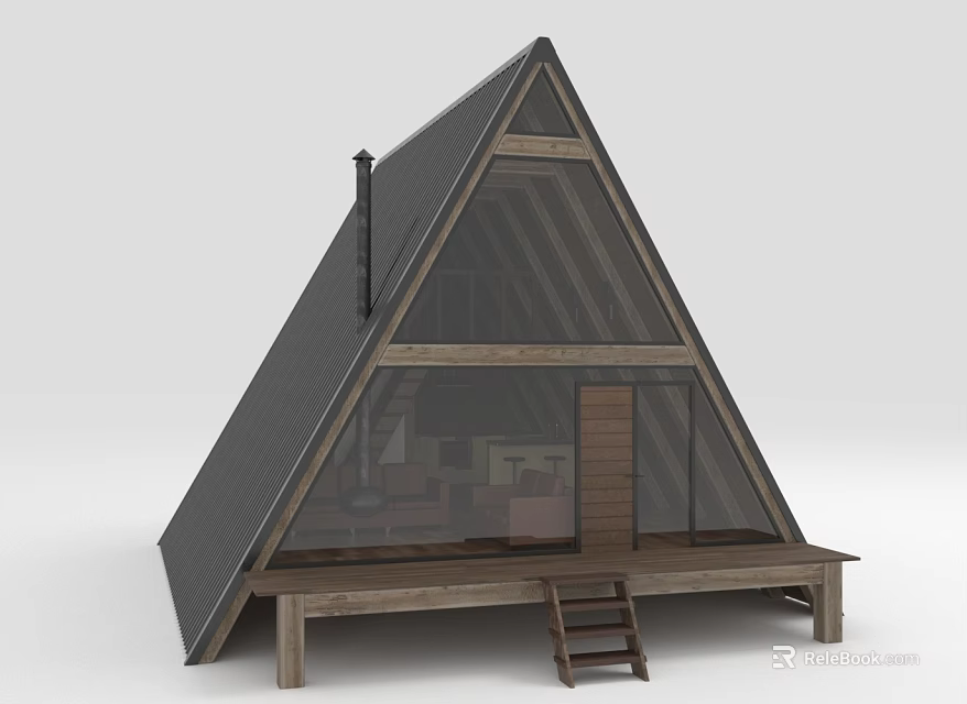 A Frame Wooden House With Black Roof Large Glass Windows And Wooden Deck With Ladder 3d model 