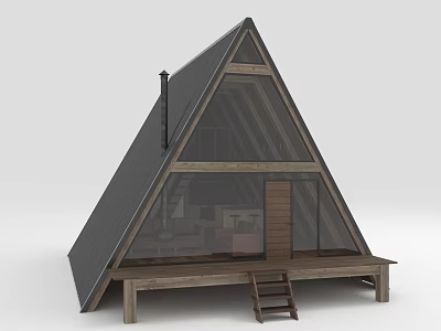 A Frame Wooden House With Black Roof Large Glass Windows And Wooden Deck With Ladder 3d model