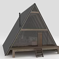 A Frame Wooden House With Black Roof Large Glass Windows And Wooden Deck With Ladder