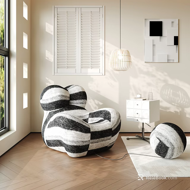 Modern Black And White Striped Bean Bag Chair In Living Room With Side Table 3d model 