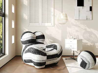 Modern Black And White Striped Bean Bag Chair In Living Room With Side Table 3d model