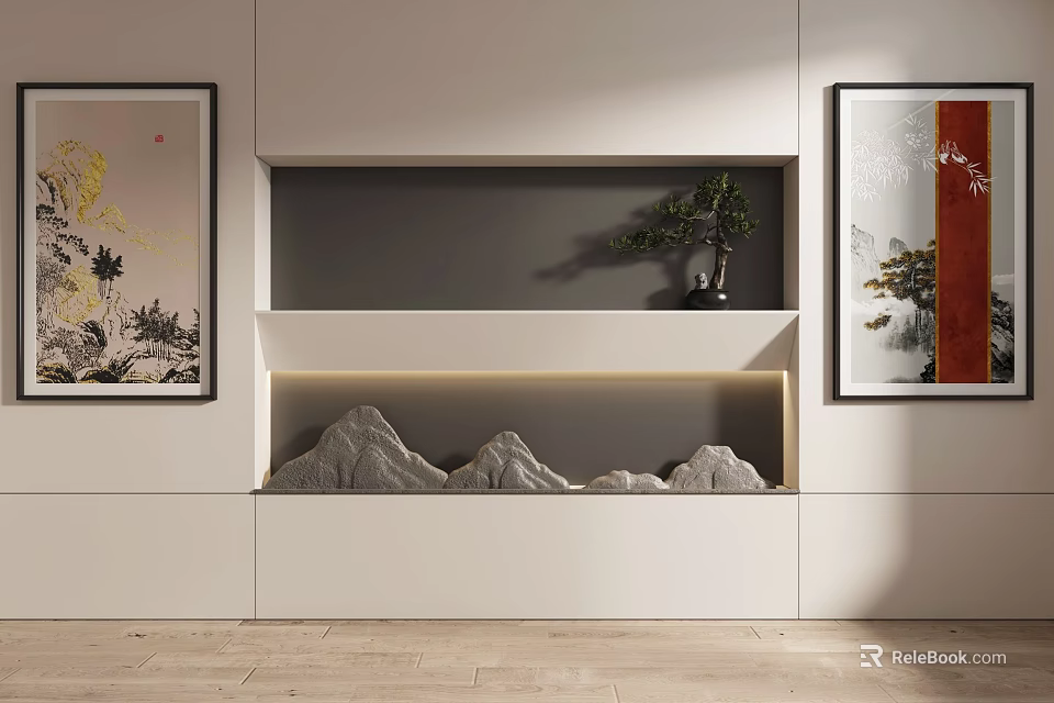 Modern Interior With Wall Display Rock Formation Potted Plant And Decorative Paintings 3d model 