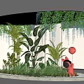 Circular Indoor Landscape Featuring Hanging Vines Palm Trees Green Plants White Pebbles And Pink Pig