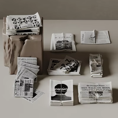 Vintage Newspapers Stacks With Open Pages Headlines And Bundles On Table 3d model