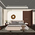 Elegant Bedroom Interior With Large Bed Round Gold Wall Decor Side Tables Armchair And Area Rug