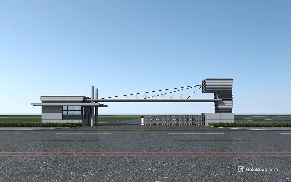 Modern Entrance Gate Design With Concrete Columns Beam Metal Fence And Green Lawn 3d model 
