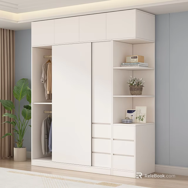 Modern White Wardrobe With Sliding Doors Hanging Space Drawers And Open Shelves 3d model 