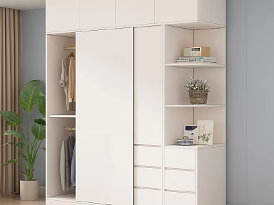 Modern White Wardrobe With Sliding Doors Hanging Space Drawers And Open Shelves 3d model