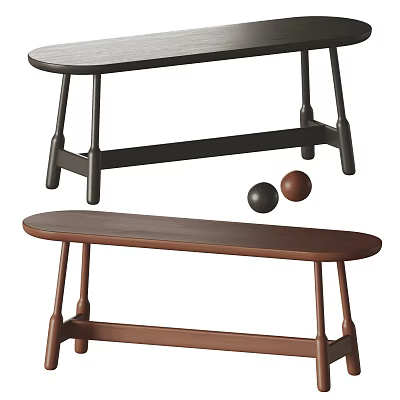 Two Modern Wooden Benches in Black and Brown with Curved Seats and Sturdy Legs 3d model