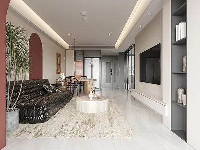 Modern Living and Dining Room Interior With Leather Sofa Round Coffee Table TV and Bookshelf 3d model