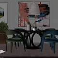 Dining Table Set with Round Table Colorful Chairs Pendant Light and Decorative Art 3d model