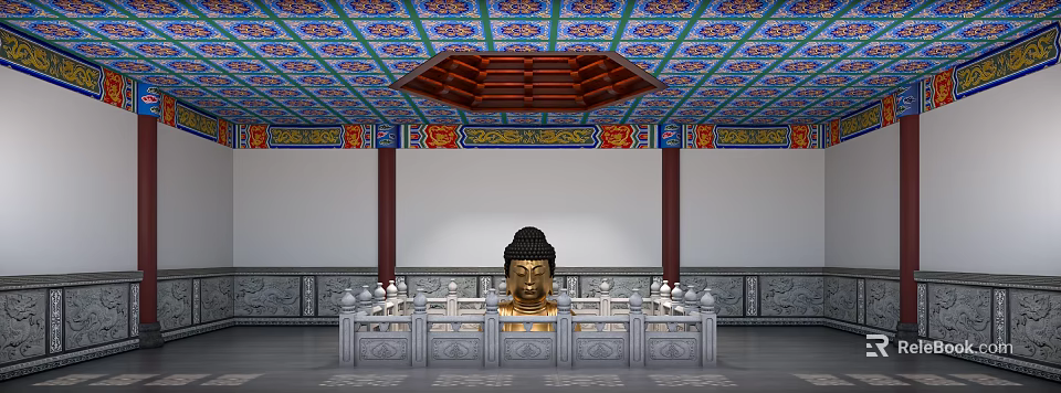 Buddhist Religious Faith Displayed In Golden Buddha Statue With Traditional Decorative Ceiling And Stone Railings 3d model 