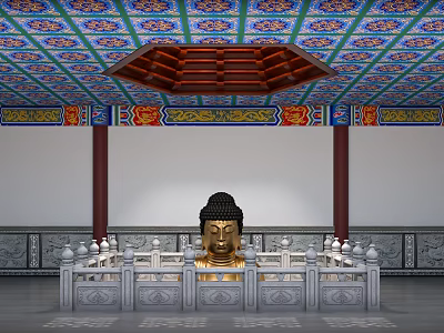Buddhist Religious Faith Displayed In Golden Buddha Statue With Traditional Decorative Ceiling And Stone Railings 3d model