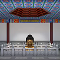 Buddhist Religious Faith Displayed In Golden Buddha Statue With Traditional Decorative Ceiling And Stone Railings