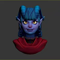 Game Movie Character With Blue Skin Braided Blue Hair Yellow Eyes Blue Horns And Red Cape