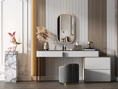 Elegant Modern Dressing Table With Oval Mirror Grey Stool And Decorative Items 3d model