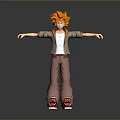 3D Character With Orange Spiky Hair Gray Jacket White Shirt Red Shoes Arms Outstretched