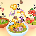 Colorful Bowls Containing Fresh Salad With Flying Tomatoes Mushrooms Olives And Onion Rings