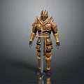 Detailed Game Movie Character In Ornate Gold And Red Decorated Armor With Intricate Design