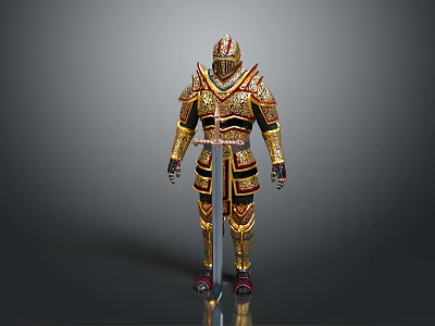 Detailed Game Movie Character In Ornate Gold And Red Decorated Armor With Intricate Design 3d model